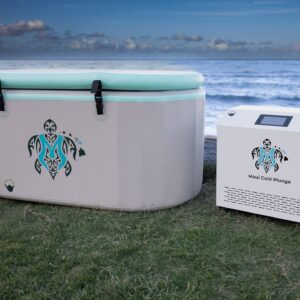 A cooler and an air conditioner sitting on the grass.